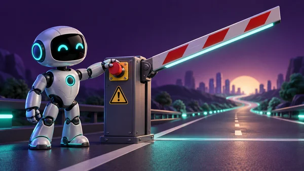 Робот у открытого дорожного шлагбаума со знаком предупреждения и кнопкой аварийной остановки