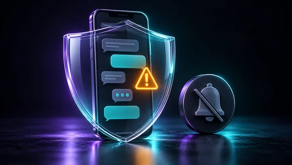 Смартфон с интерфейсом ИИ-чата за прозрачным защитным экраном и погасший индикатор уведомлений рядом