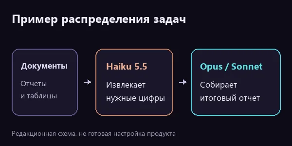 Пример распределения работы: Haiku извлекает данные, старший агент собирает отчет
