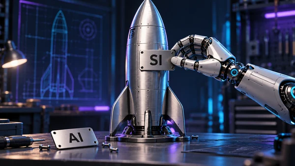 Робот меняет табличку AI на SI на игрушечной ракете, иллюстрация переименования